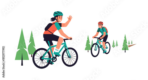 Cyclists Enjoying a Forest Trail with Trees and Mountain Bikes Vector Illustration