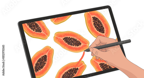 Digital Illustration Of Papaya And Creation With Drawing Tablet And Stylus