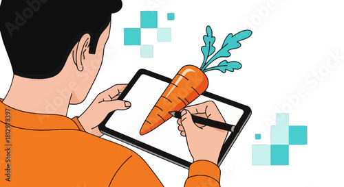 Digitally Illustrated Carrot Being Created On Tablet Depicting Fresh Food Concept