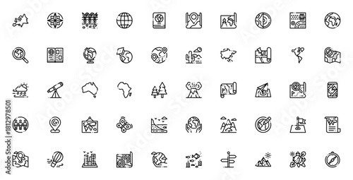 Geography icon set. Vector illustration. Includes sybols for world map, globe,compass, volcano, mountain earth grid, atlas, continnts and more. Editable strke.