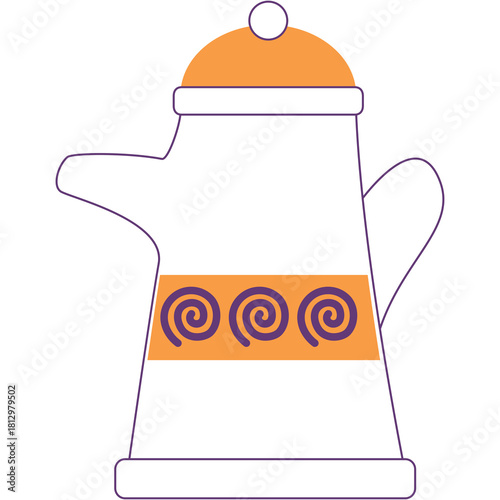 Stylized Coffee Pot With Orange Lid And Decorative Band Featuring Swirls Isolated On White Background