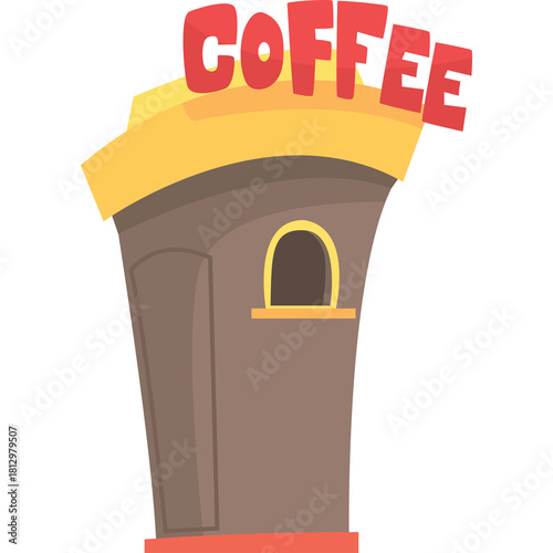 Stylized coffee cup building with the word coffee in red lettering on a yellow awning and a brown structure with a single arched window on a white background