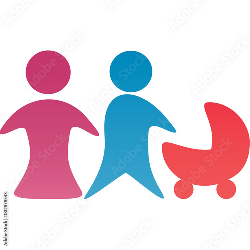 Stylized colorful graphic illustration of a family with a baby stroller on a transparent background representing parenthood and new beginnings