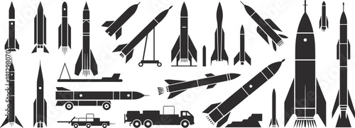 Silhouette illustration of rockets and missiles collection, military and space launch equipment, defense technology, aerospace engineering, and transportation vector design for strategy and innovation