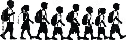 Silhouette illustration of school children walking in a line with backpacks, educational concept design, student group movement, back-to-school vector artwork, classroom learning theme