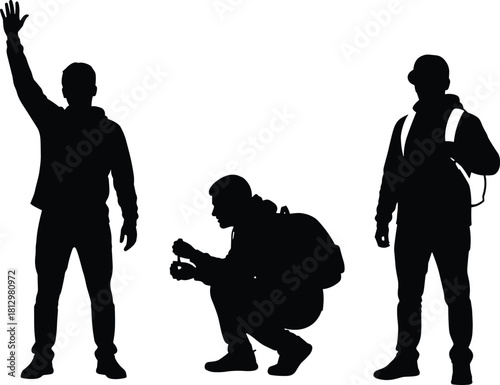 Silhouette illustration of three male figures standing, crouching, and gesturing, outdoor traveler poses, adventure concept, backpacker vector artwork for creative design projects, minimal style