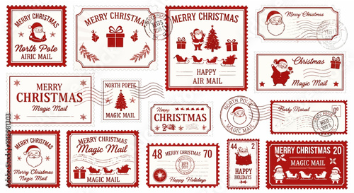 Create festive holiday cheer with charming Christmas stamps and postage designs perfect for seasonal greetings, letters, and gift tags, originally a vector graphic