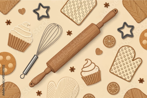 Delightful baking themed pattern showcasing cookies, cupcakes, whisk, and rolling pin, perfect for adding a sweet touch to your designs and projects