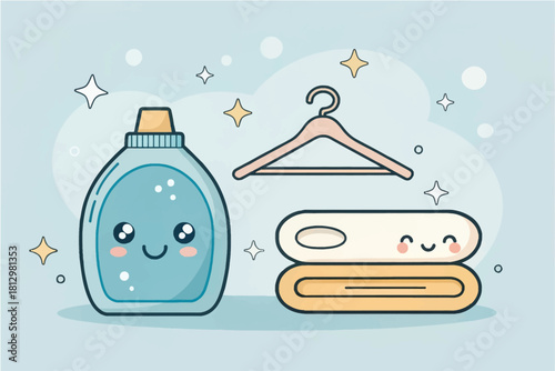 Adorable laundry day illustration with smiling detergent, hanger, and folded towels, perfect for cleaning product ads, laundry service promotions, and home organization content