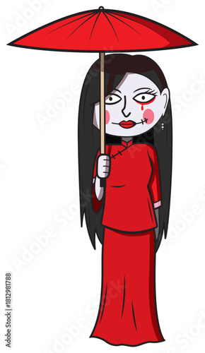 Red-clad female ghost holding an umbrella - vector illustration