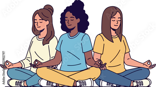 A 2D vector illustration of three diverse women sitting in a meditative pose, practicing meditation together in a serene and peaceful atmosphere against a clean white background.