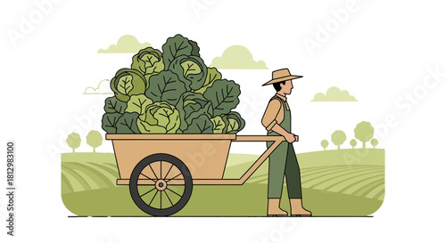 Farmer Hauling Vegetables in a Wheelbarrow across the Farmland, Harvest Season
