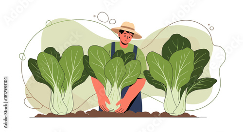 Farmer Harvests Fresh Bok Choy in His Garden, Illustration of Agriculture Life