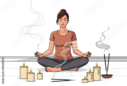 A serene woman practices 2D vector meditation with incense and candles in a peaceful setting.