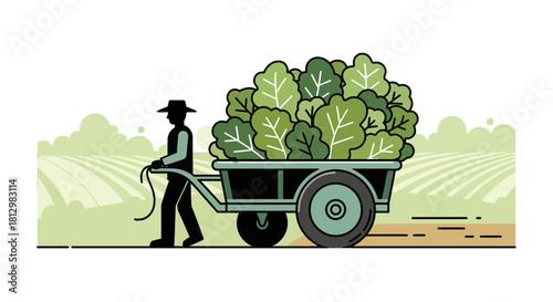 Farmer Hauling Cart Full Of Freshly Harvested Leafy Greens From Fields
