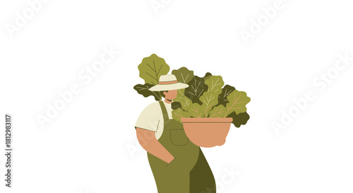 Farmer Holding A Bowl Of Vegetables Against A Black Backdrop And Plain Background