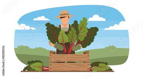 Farmer Holding Fresh Harvest of Swiss Chard From Organic Garden, Showing Produce
