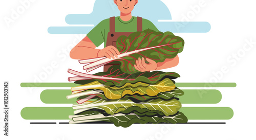 Farmer Holding Fresh Harvest of Swiss Chard Leaves Illustration Against Black Background