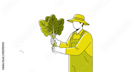 Farmer Holding Freshly Harvested Leafy Greens in Minimalist Illustration Style