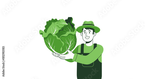 Farmer Holding Large Cabbage Crop Vector Illustration Against Glossy Black Background