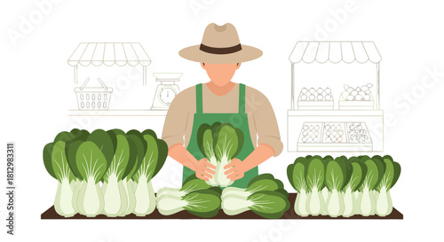 Fresh Bok Choy Farmer At His Stand Presenting Fresh Produce on a Black Background