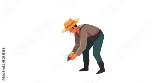 Farmer Planting Seedling In Field Against A Black Backdrop Illustrative Scene