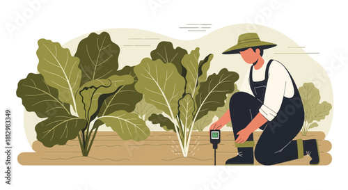 Farmer Planting and Measuring Soil Acidity Around Green Plants in the Field