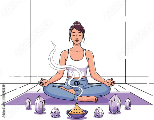 Woman meditates in lotus position on purple yoga mat with crystals and incense in a serene room.