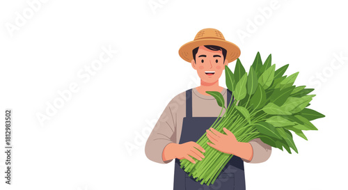 Farmer Smiling Holding a Bundle of Fresh Green Vegetables After Harvesting