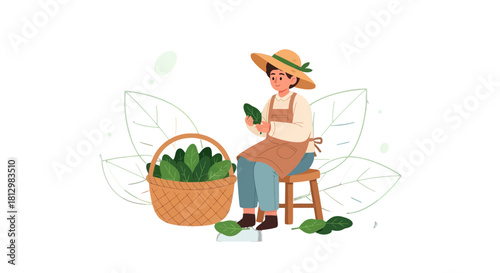 Farmer Preparing Green Harvest From Basket Of Leaves In A Digital Illustration
