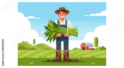 Farmer Standing With Vegetables and Green Field Landscape with Barn and Sky