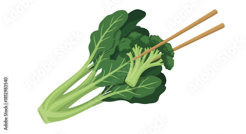 Fresh Broccoli and Greens with Chopsticks Against Black Background for Healthy Eating