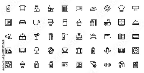 Hotel service icon set. Vector illustration featurin symbols for menu, towel, ellboy, wine, elevator, mirowave, iron, lifeguard, cef, air conditioner, parkig and more.