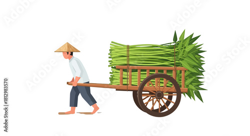 Farmer Transporting Harvest Carried In A Rustic Wooden Cart Under The Shadow
