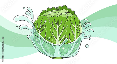 Fresh Cabbage Being Washed in Refreshing Water Abstract Illustration for Wellness