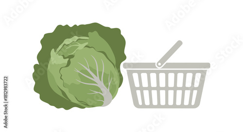 Fresh Cabbage Beside Shopping Basket Illustrating Healthy Food Purchasing Concept