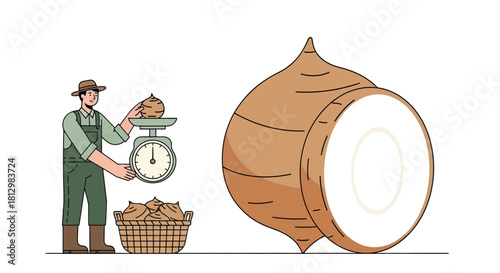 Farmer Weighs Harvested Root Vegetables Beside Large Single Root Jicama Illustration