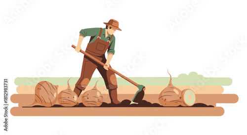 Farmer Working Outdoors Harvesting Crops in Digital Illustration Style Depicting Agriculture