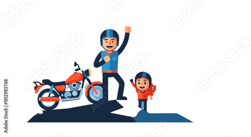 Father And Child Celebrating Motorcycle Adventure And Shared Passion Together As A Pair