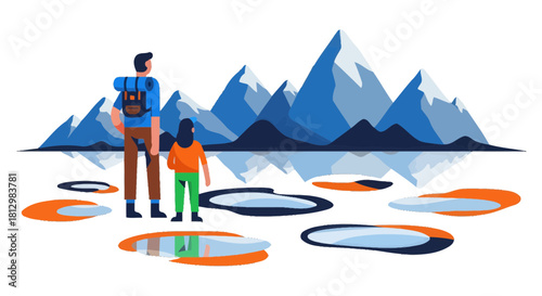 Father And Daughter Adventure Together Against Majestic Mountain Landscape Displaying Nature