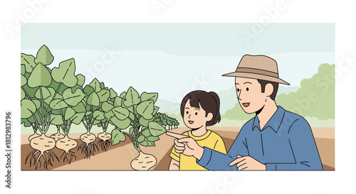 Father And Daughter Exploring A Turnip Farm Together For Education And Learning