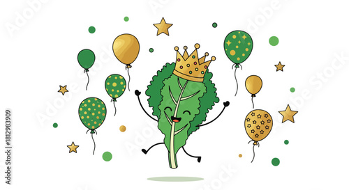 Festive Leaf With Crown Decorated With Balloons And Stars Celebrating On Black Background