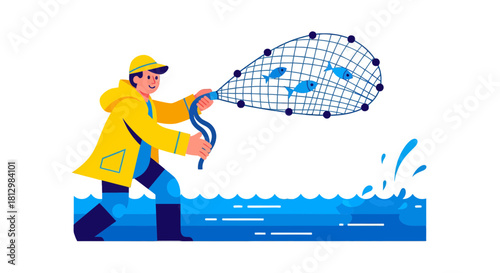 Fisherman Pulling Fishing Net with Catch on Water Vector Illustration