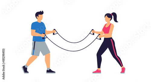 Fitness Duo: Dynamic Exercise Partners Engaging In A Resistance Band Workout Together