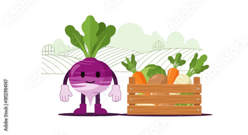 Fresh Farm Produce: A Cheerful Turnip With Vegetables in A Wooden Crate