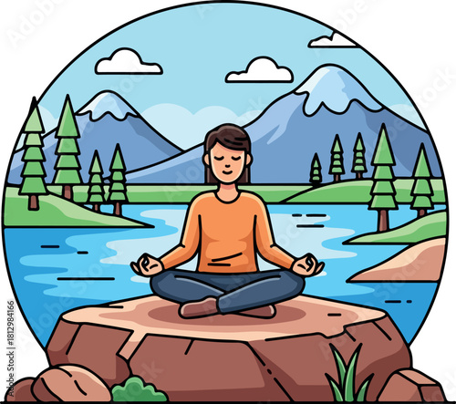 A serene 2d vector illustration of a pregnant woman meditating in a lotus position on a rocky outcrop with a peaceful mountain lake background.