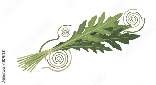 Fresh Arugula Bunch with Stylized Spirals on Black Background Abstract Design