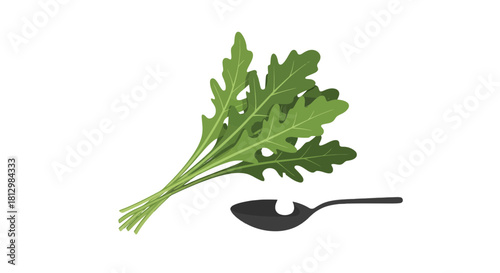 Fresh Arugula Bunch with a Measuring Spoon on Black, Isolated Design