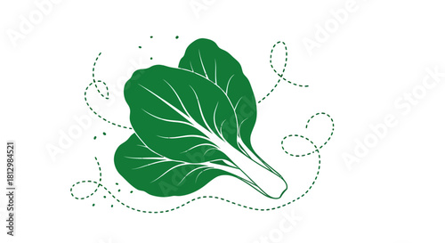 Fresh Green Leaves Illustration with Swirling Lines on A Minimalist Black Background