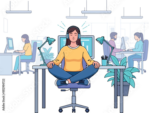 A woman practices meditation in a 2D vector illustration while sitting at her desk in a modern office environment with coworkers in the background.